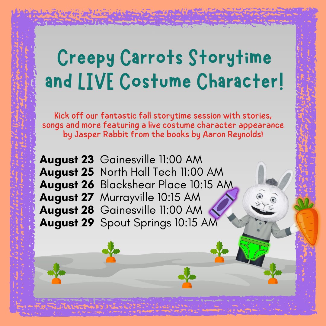 Kick off our fall storytime season with a special guest! 🥕🐰

Join us at the Hall County Library System for a Creepy Carrots storytime featuring a live appearance from Jasper Rabbit himself! 

We’ll see you there!