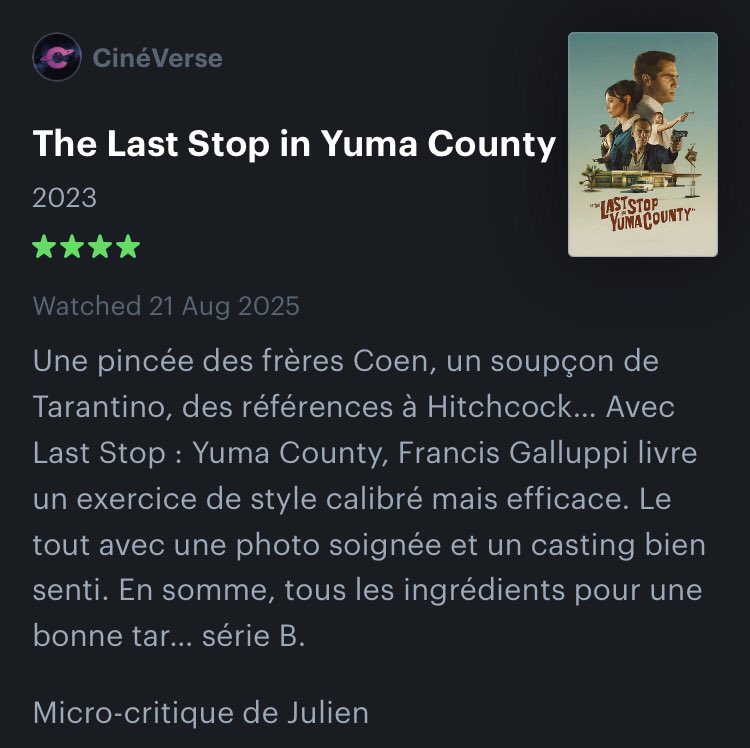 🇺🇸 <a href="/JulienVaurillon/">Julien Vaurillon</a> revient en une micro-critique sur LAST STOP : YUMA COUNTY, à retrouver au cinéma !