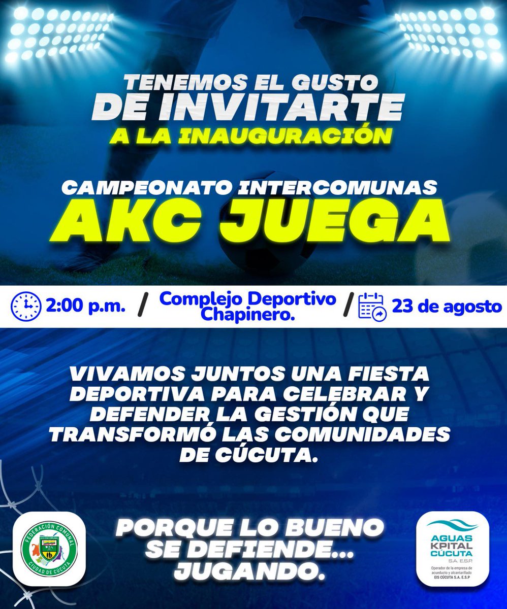 Este sábado viviremos la gran inauguración del Campeonato Intercomunas AKC JUEGA.
Un espacio para disfrutar en familia, vibrar con el talento deportivo de nuestros barrios y celebrar la unión de toda la ciudad alrededor del deporte. 
Los esperamos.