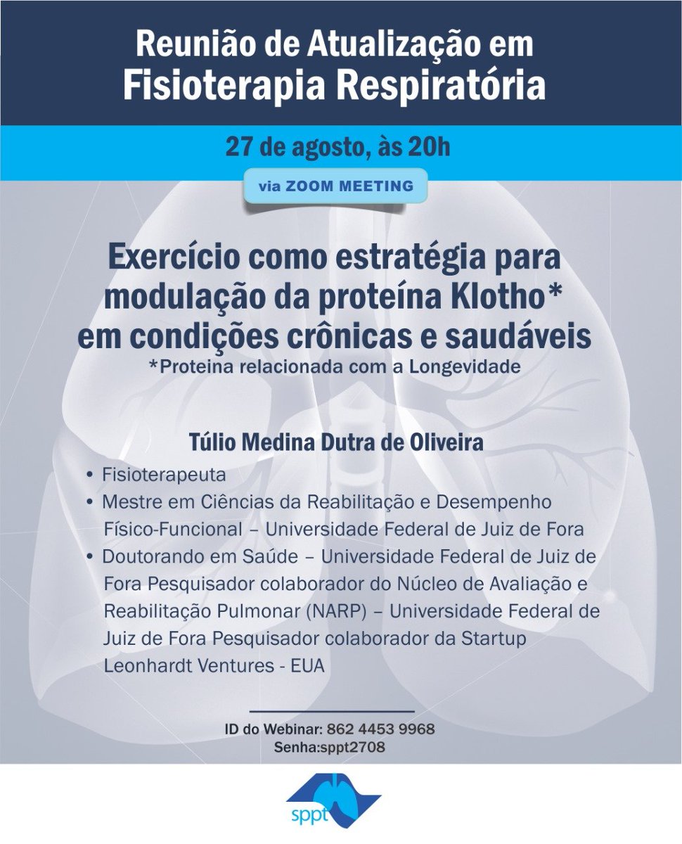 spptpneumo's tweet photo. Reunião de Atualização em Fisioterapia via Zoom Meeting

27/08 - 20h00

Via Zoom Meeting 

Link: https://t.co/ooklJPYQFt?
ID do webinar: 862 4453 9968
Senha de acesso: sppt2708

#fisioterapiarespiratoria https://t.co/bSHUyI9uzd