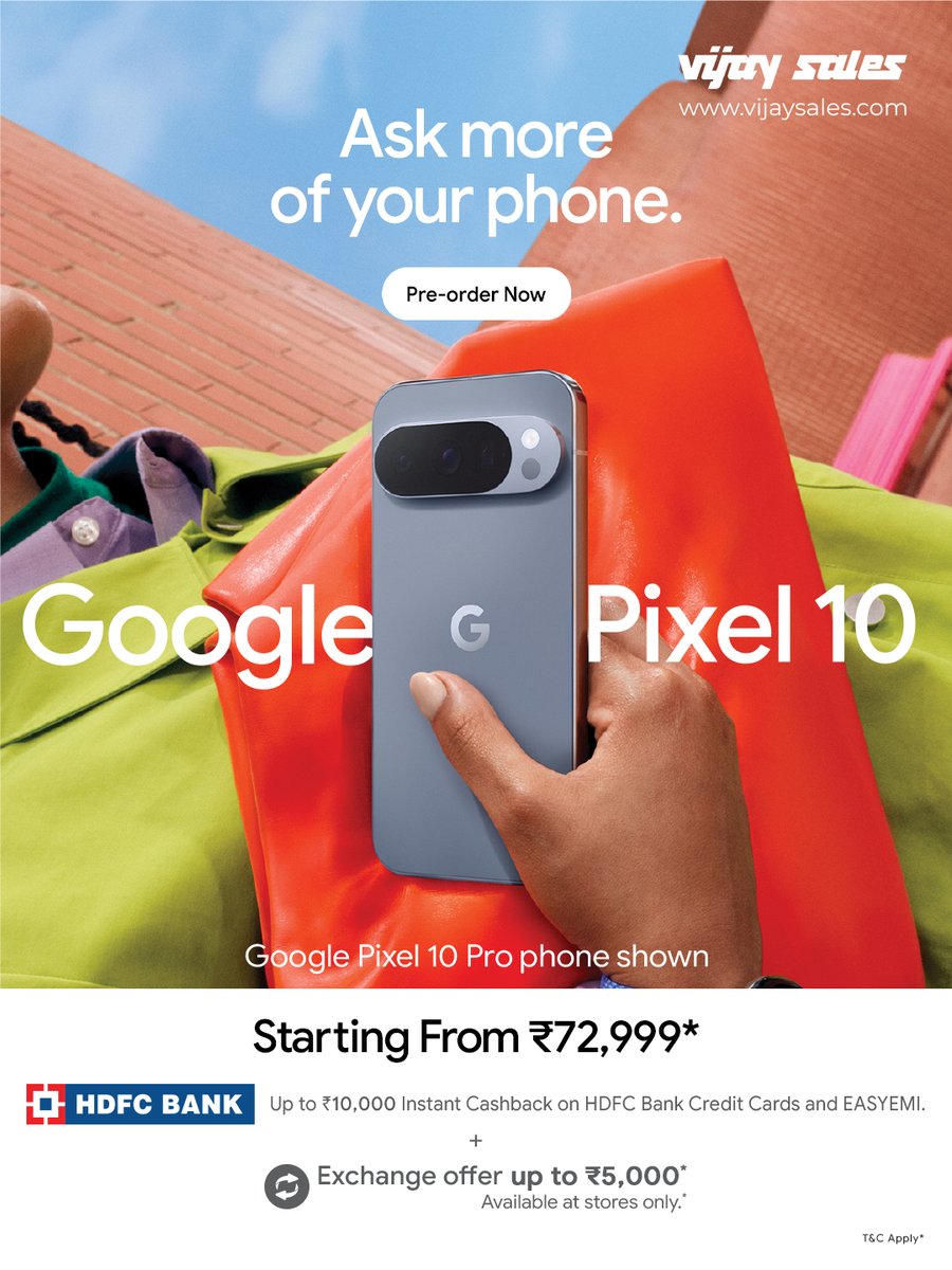 VijaySales's tweet photo. Pixel 10’s coming in hot and you can get it first. 🔥
Pre-book at Vijay Sales stores or on the website.
#VijaySales #Pixel10 #ComingSoon #LatestSmartphone #Upgrade #BestDeals #ShopNow #BuyNow https://t.co/4sEDv7D8A2