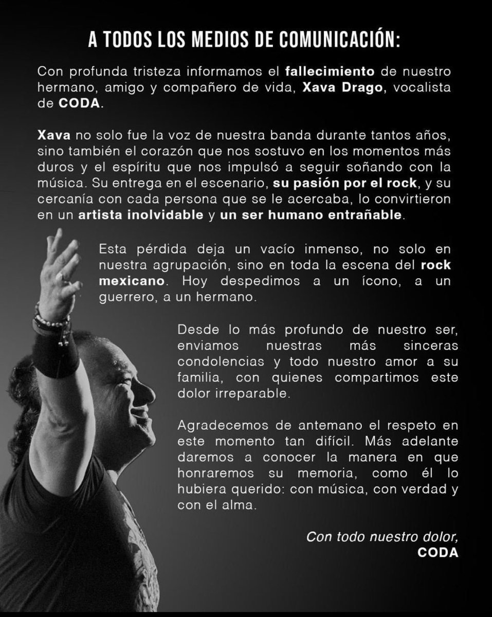 TendenciasMX's tweet photo. 🚨 Xava Drago , Coda :
Porque a la edad de 54 años falleció Xava Drago, cantante de #Coda.
😭
Así lo informaron en sus redes sociales.
🙏🏻
Una semana antes, el cantante había subido este video, dejando en claro que no podía más con el cáncer de estómago y se despedía.
😔
Vuela alto.
#RT #TioTendencias #LaCasaDeLosFamososMx #QEPD