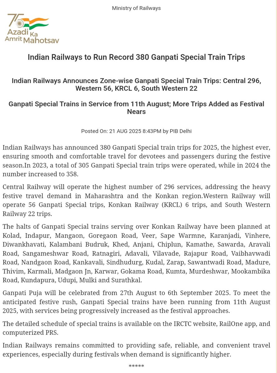 Central Bureau of Communication, Chandigarh (@cbc_chandigarh) on Twitter photo #IndianRailways to run a record 380 Ganpati Special train trips (11 Aug–6 Sep 2025) for smooth festive travel.
🚉 296 by <a href="/Central_Railway/">Central Railway</a>
🚉 56 by <a href="/WesternRly/">Western Railway</a>
🚉 22 by <a href="/SWRRLY/">South Western Railway</a>
🚉 6 by <a href="/KonkanRailway/">Konkan Railway</a>
Full schedule on <a href="/IRCTCofficial/">IRCTC</a> & Rail One app & computerized PRS
<a href="/RailMinIndia/">Ministry of Railways</a> #IndianRailways to run a record 380 Ganpati Special train trips (11 Aug–6 Sep 2025) for smooth festive travel.
🚉 296 by <a href="/Central_Railway/">Central Railway</a>
🚉 56 by <a href="/WesternRly/">Western Railway</a>
🚉 22 by <a href="/SWRRLY/">South Western Railway</a>
🚉 6 by <a href="/KonkanRailway/">Konkan Railway</a>
Full schedule on <a href="/IRCTCofficial/">IRCTC</a> & Rail One app & computerized PRS
<a href="/RailMinIndia/">Ministry of Railways</a>