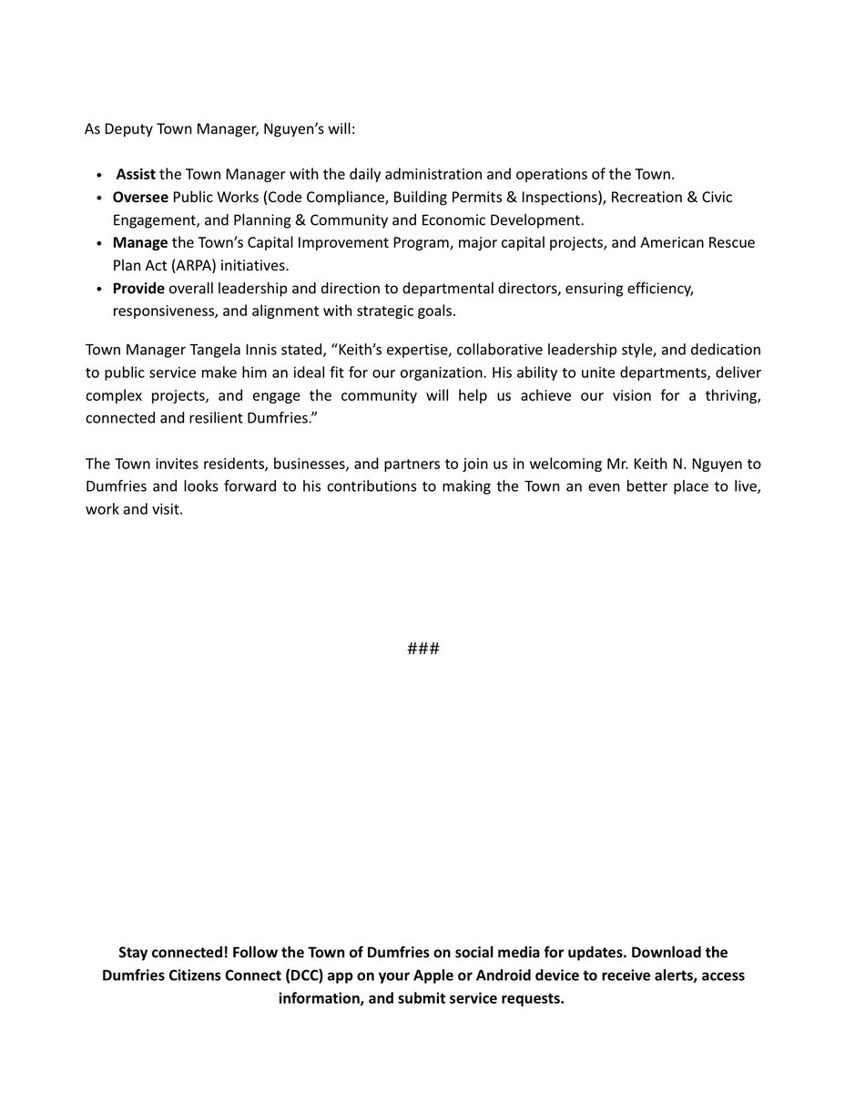 📢 The Town of Dumfries is excited to welcome Keith N. Nguyen as our new Deputy Town Manager, effective September 8, 2025!

Mr. Nguyen brings over a decade of leadership in the military and local government.
Join us in welcoming him to the team!