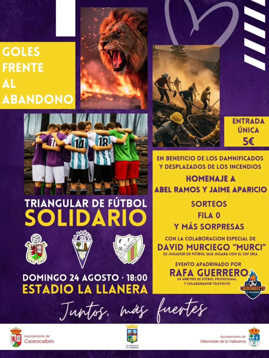 elchiringuitotv's tweet photo. 🙏 Goles frente al abandono.

La Llanera acoge un Triangular Solidario en homenaje a las víctimas de los incendios.

Este domingo a las 18:00h. https://t.co/mpZCR3du4D
