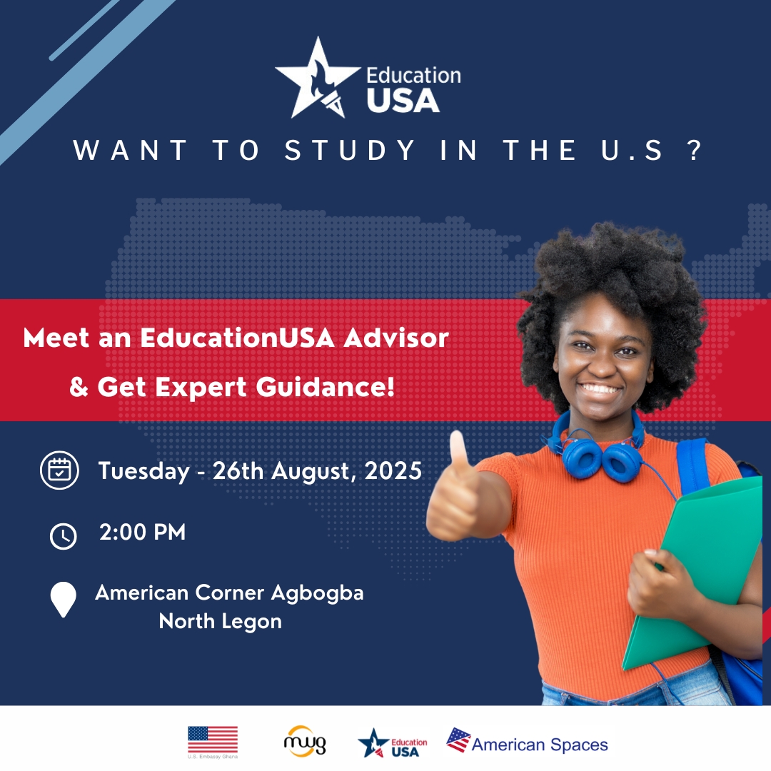 MobileWebGhana's tweet photo. EducationUSA is here again!

Wondering if studying in the U.S. is still possible?  Get expert guidance to clear your doubts &amp; make the process simple.

Aug 26, 2025 |  2:00 PM
American Corner Agbogba, North Legon
Register: https://t.co/YDVZat0nzH
#educationusa #studyintheusa https://t.co/AY26BxHY70