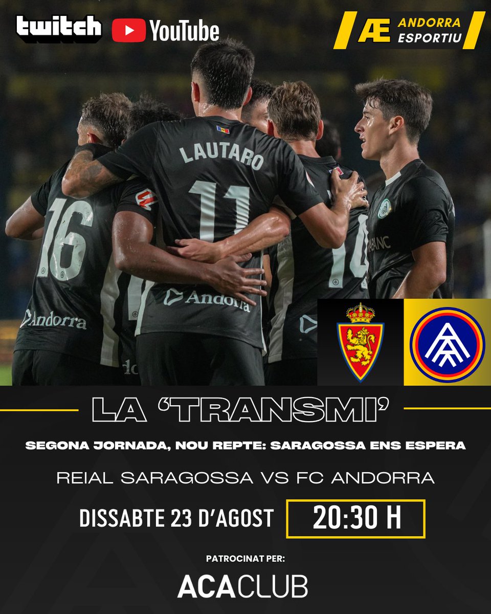 📺 La ‘Transmi’ torna!
⚽️Segona jornada i nou repte: el FC Andorra visita el Reial Saragossa a l'Estadi Ibercaja. Segueix-nos i viu el partit amb nosaltres!

<a href="/RealZaragoza/">Real Zaragoza</a> 🆚 <a href="/fcandorra/">FC Andorra</a> 
📆 Dissabte 23 d’agost
🕣 20:30 h
📲 En directe a Twitch i YouTube

🤝 <a href="/AutoClubAnd/">Automòbil Club d'Andorra</a>