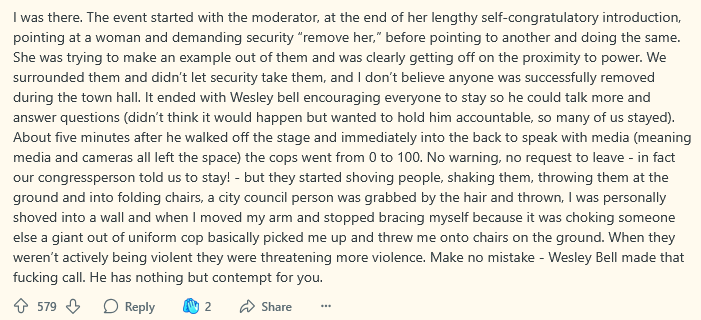Kramburglar's tweet photo. @ryangrim A reddit post from someone claiming to be there says that Wesley Bell specifically asked attendees to stay so they could talk more, went back stage with the media, and as soon as the media were gone from the area police attacked https://t.co/9MBAvPWTqP