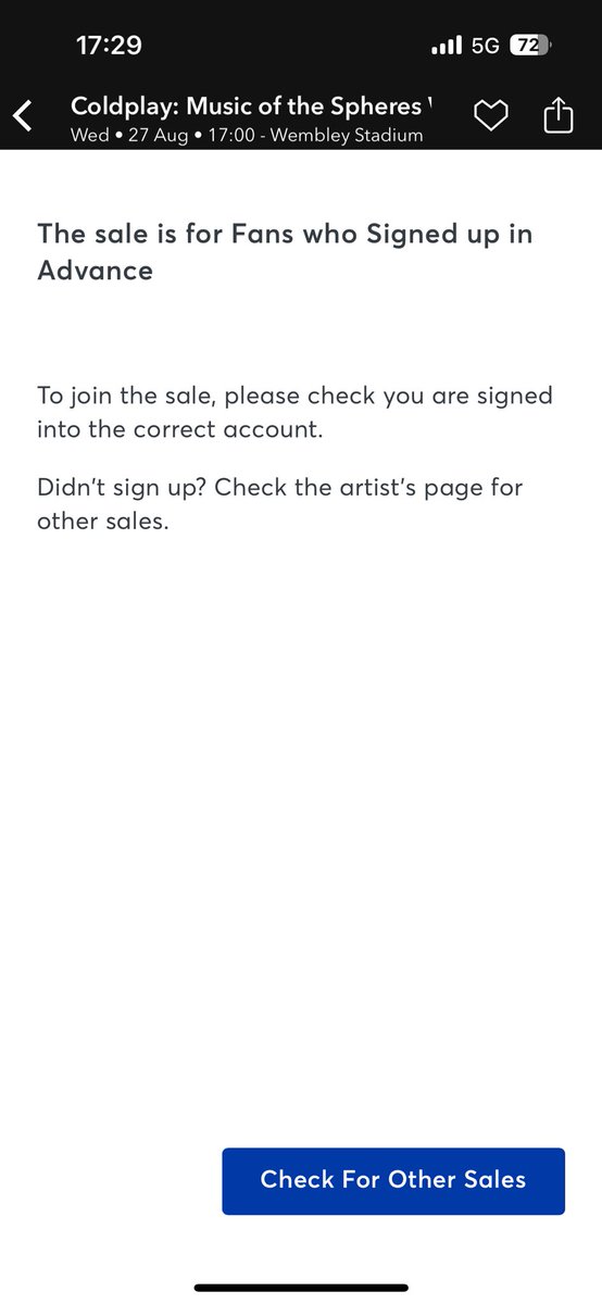 bpearson97's tweet photo. @TicketmasterCS why are coldplay tickets on 27/08 not generally available for sale? I did buy the album for pre-sale and sign up in advance way back when... How can I "sign up"? https://t.co/DvTDkPkYhk