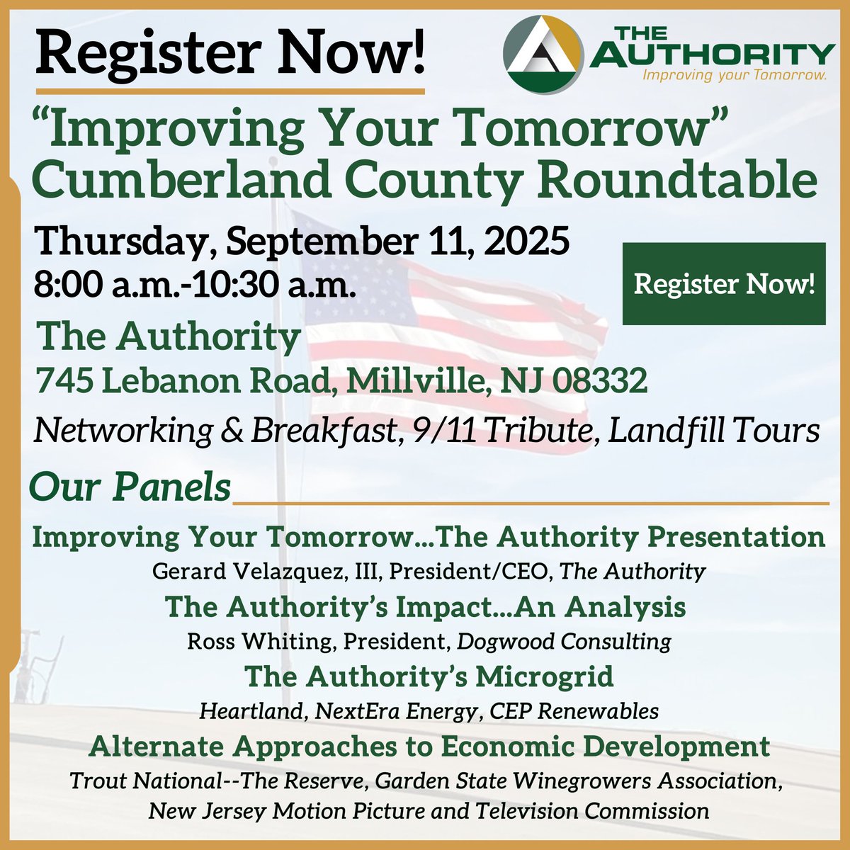 Register Now!🔔 The Authority's "Improving Your Tomorrow" Cumberland County Roundtable will be held on Thursday, September 11 from 8:00AM to 10:30AM.  For more information and to register now, visit theauthoritynj.com/event/improvin….