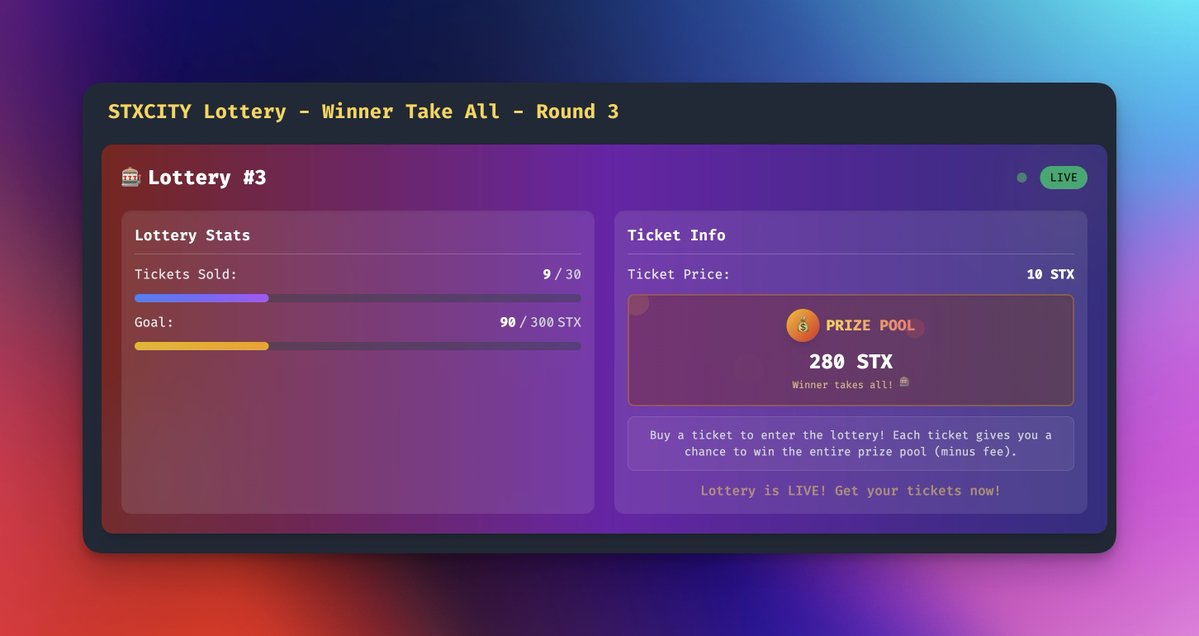 STX CITY (@stxcity) on Twitter photo 🎰 GIVEAWAY: Win a free ticket for a chance at 280 STX in the STX Lottery!
To enter:
- Follow & RT
- Reply with your <a href="/Stacks/">stacks.btc</a> wallet address + tag 3 friends
One lucky winner gets a free lottery ticket!
Join the action at stx.city/lottery/winner… 🎰 GIVEAWAY: Win a free ticket for a chance at 280 STX in the STX Lottery!
To enter:
- Follow & RT
- Reply with your <a href="/Stacks/">stacks.btc</a> wallet address + tag 3 friends
One lucky winner gets a free lottery ticket!
Join the action at stx.city/lottery/winner…