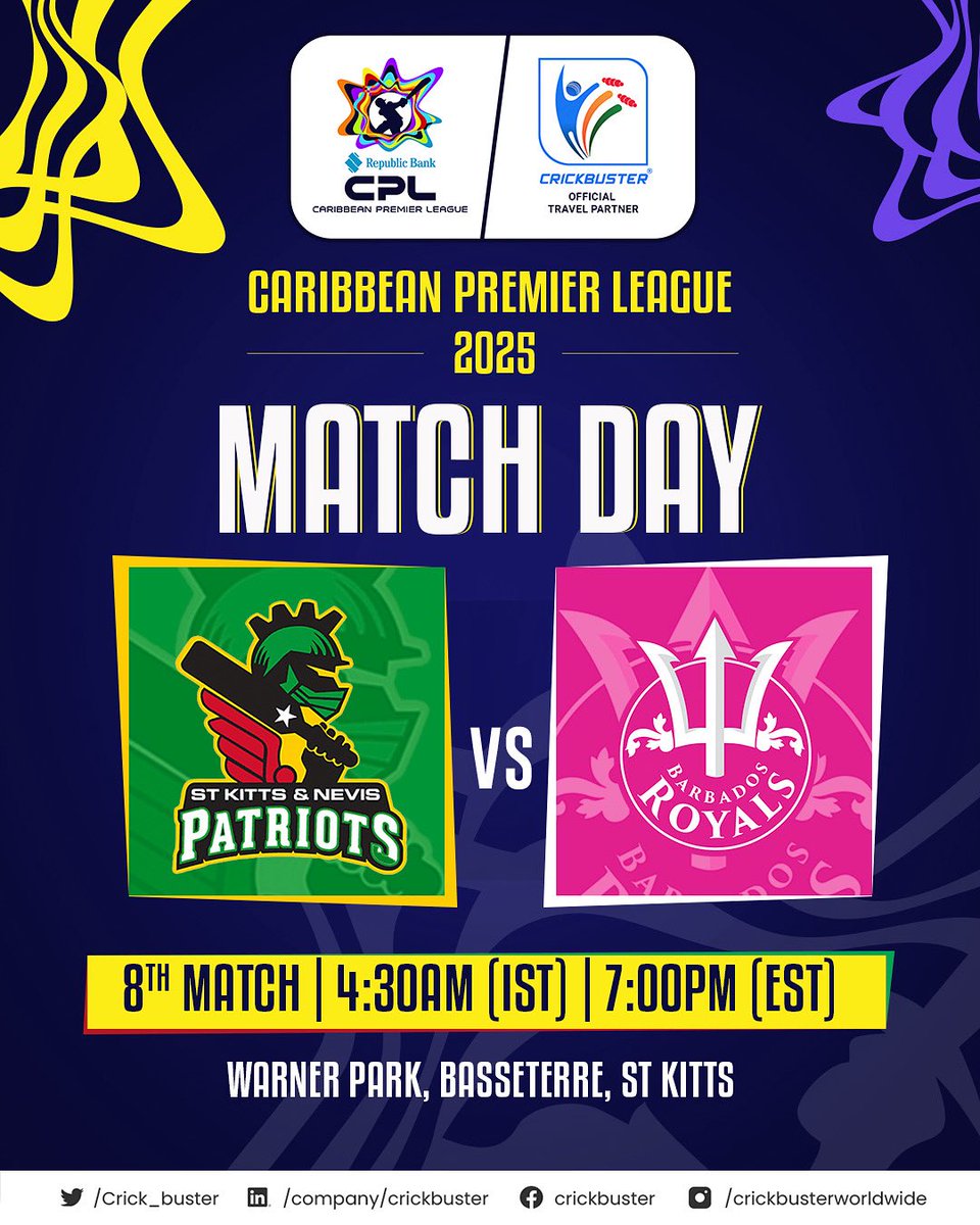 It’s match day in St Kitts! 🇰🇳 
The Patriots take on the Royals in the 8th clash of CPL 2025. 
Who are you backing tonight at Warner Park? 🏏✨ 

#CPL25 #Crickbuster #Carib #BiggestPartyInSport
