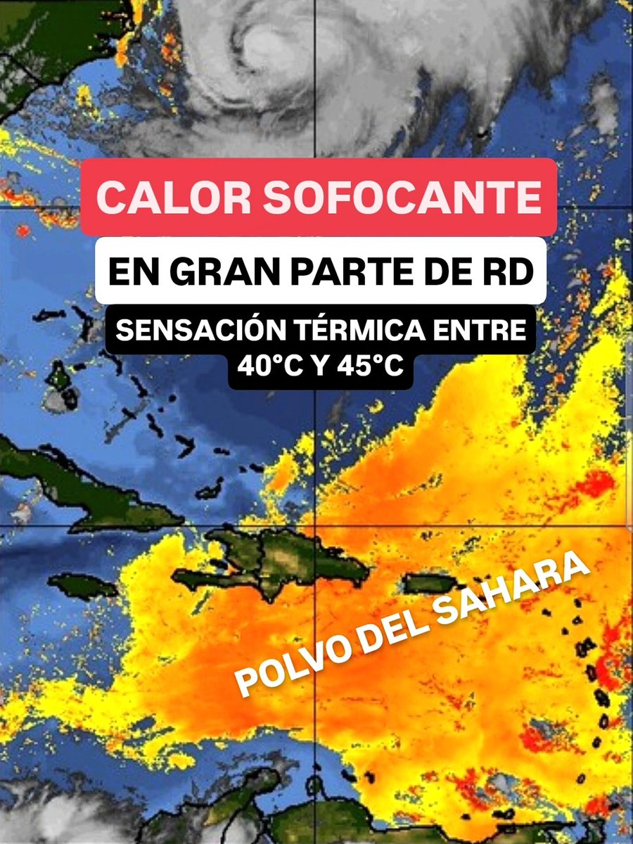 JeanSuriel's tweet photo. 🔴🔴TOMEN NOTA | Desde la semana pasada ha iniciado en República Dominicana el período de temperaturas más extremas del año: dos meses con calor sofocante en todo el país, extendiéndose hasta finales de octubre; luego, el calor moderado seguirá hasta mitad de noviembre durante el período diurno.

🔴Hoy nos encontramos bajo la influencia de la nube de polvo del Sahara número 15: el calor sofocante aumentará entre 11 AM y 4 PM de manera significativa, colocando la sensación térmica entre 40°C y 45°C.

🔴Además, los vientos muy húmedos procedentes desde el Mar Caribe incrementarán las temperaturas calientes, típicas de verano en nuestra región.

🔴Los procesos alérgicos se tornarán más significativos en las próximas 24 horas, ya que las partículas africanas permanecerán hasta mañana viernes en la tarde.

Sigue ⬇️
