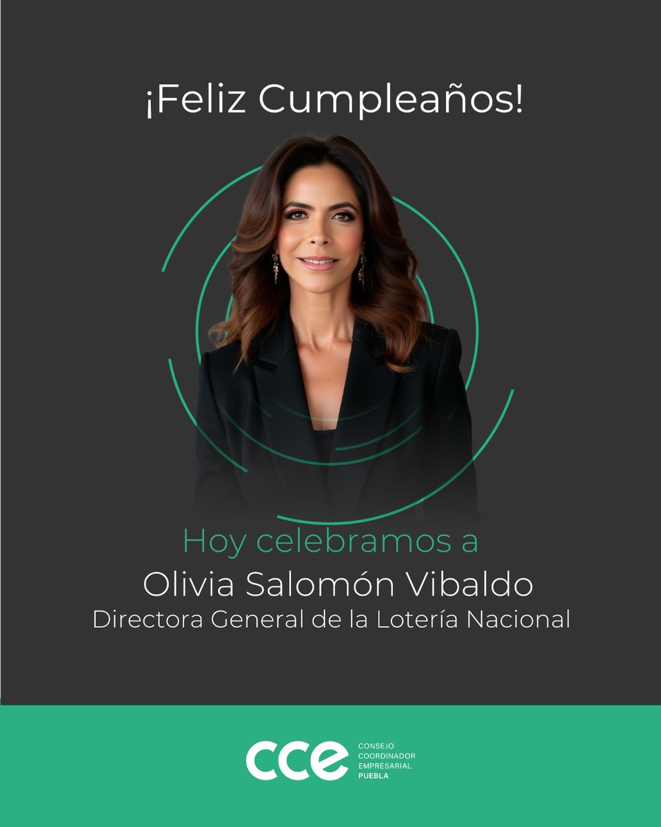 CCE Puebla (@ccepuebla) on Twitter photo 🎉 Desde el CCE Puebla celebramos con mucho aprecio a <a href="/OliviaSalomonV/">Olivia Salomón</a> Directora General de la <a href="/lotenal/">Lotería Nacional</a> en su cumpleaños.
¡Nuestros mejores deseos en este nuevo año de vida! 🥂✨ 🎉 Desde el CCE Puebla celebramos con mucho aprecio a <a href="/OliviaSalomonV/">Olivia Salomón</a> Directora General de la <a href="/lotenal/">Lotería Nacional</a> en su cumpleaños.
¡Nuestros mejores deseos en este nuevo año de vida! 🥂✨
