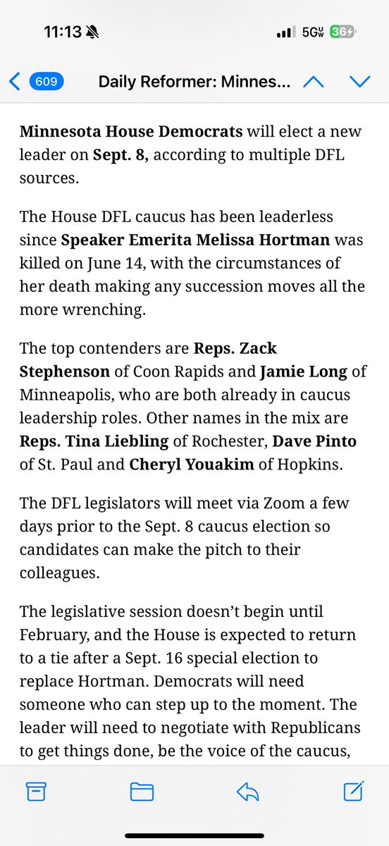 Reformer reporting that House DFL will select next leader to replace slain Rep. Melissa Hortman early next month
