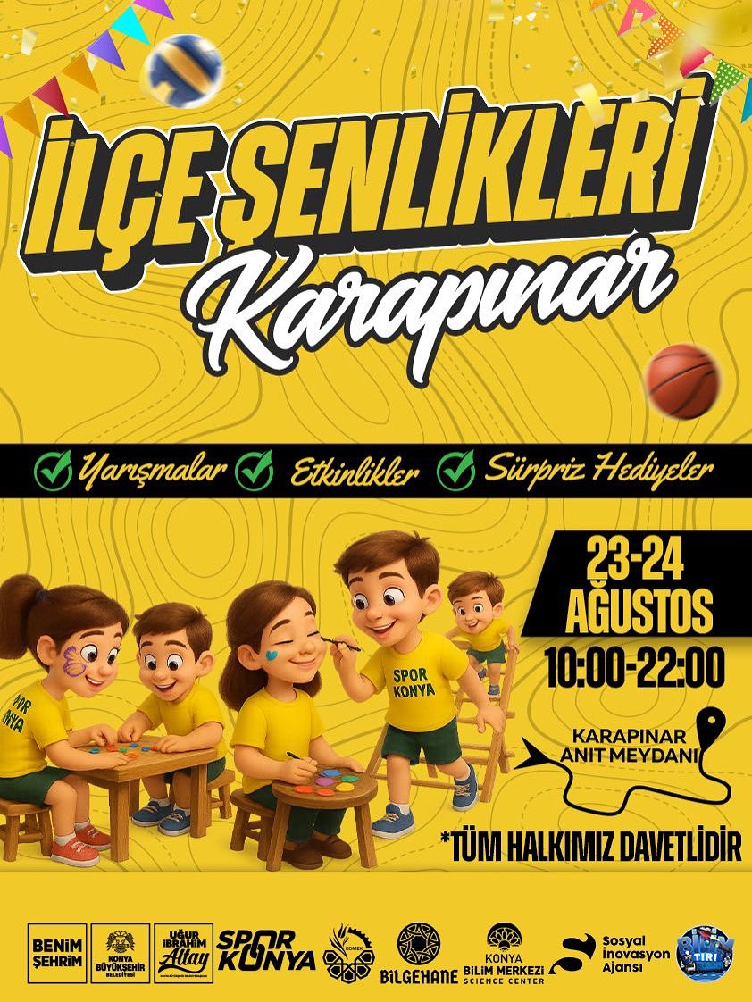 🎉 Hafta Sonu Eğlencesi Sizleri Bekliyor! 

Konya Büyükşehir Belediyemiz öncülüğünde düzenlenen İlçe Şenlikleri kapsamında, bu hafta ilçemizde 2 gün sürecek muhteşem bir program sizleri bekliyor!

📅 Tarih: 23 Ağustos Cumartesi &amp; 24 Ağustos Pazar
⏰ Saat: 10.00 – 22.00
📍 Yer: