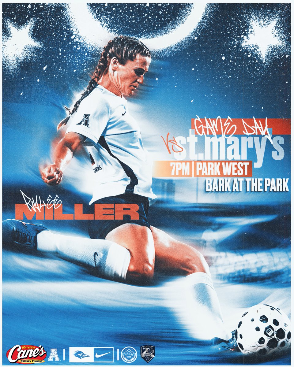 UTSAWSOC's tweet image. Roadrunners v. Rattlers tonight! #OLM  

✅ @raisingcanes Bark at the Park🐾
🆚 St. Mary&apos;s
🏟️ Park West
📍 San Antonio
⌚️ 7:00 pm
📰 utsa.pro/4mKS4k2
🎟️ utsa.pro/25SoccerTIX
📊 statb.us/b/597519

#BirdsUp🤙 | #UTSADNA | #LetsGo210