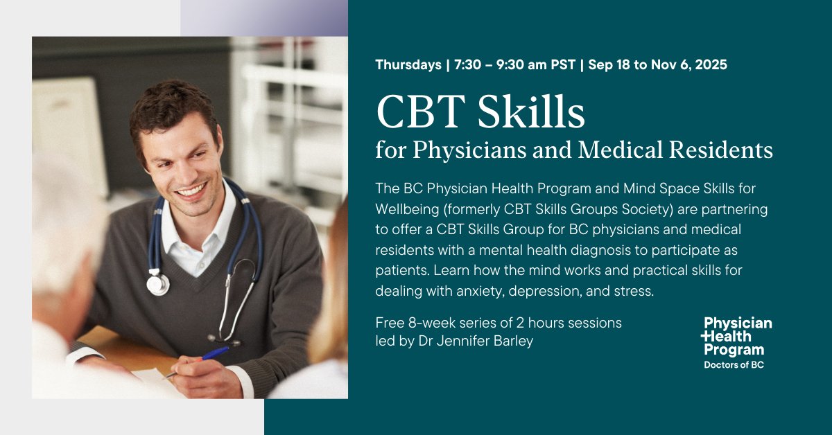DoctorsOfBC's tweet image. Exciting opportunity for BC #physicians &amp;amp; #medicalresidents! Join PHP's 8-week Cognitive Behavioural Therapy (CBT) Skills Group. Dive into understanding the mind &amp;amp; gain practical skills to combat anxiety, depression &amp;amp; stress. Learn more: bit.ly/4m7lRDJ
#MentalHealth