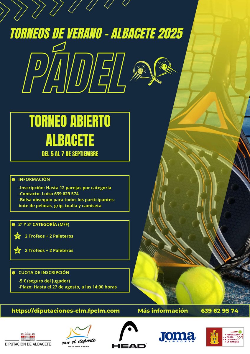 🚩 #Pádel | Torneos de Verano Pádel Albacete 2025 | Abierta la inscripción para el torneo de pádel de #Albacete. ¡Anímate a participar!  

👉 Inscripciones, aquí: fpclm.com/proximos-torne…                  

<a href="/fpclm/">FED. PADEL CLM</a>
