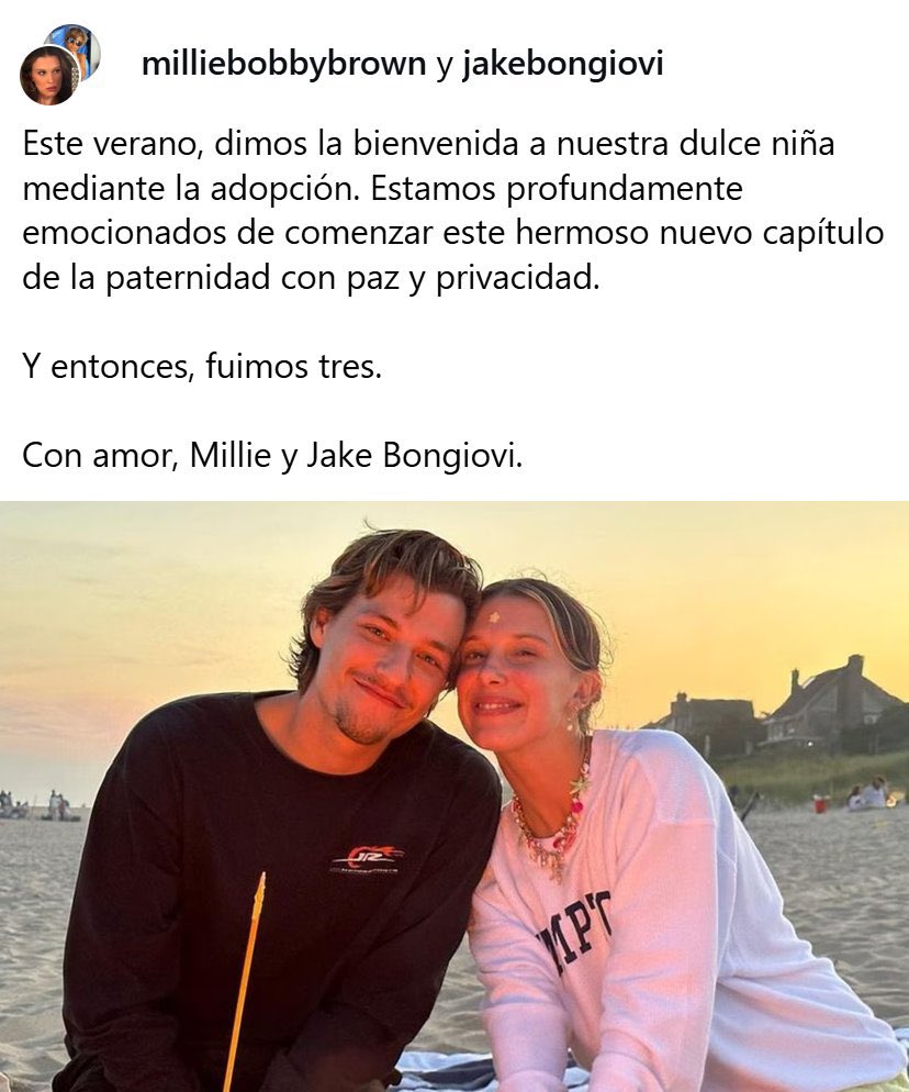 "Millie Bobby Brown":
Porque anunció que adoptó una hija junto a Jake Bongiovi