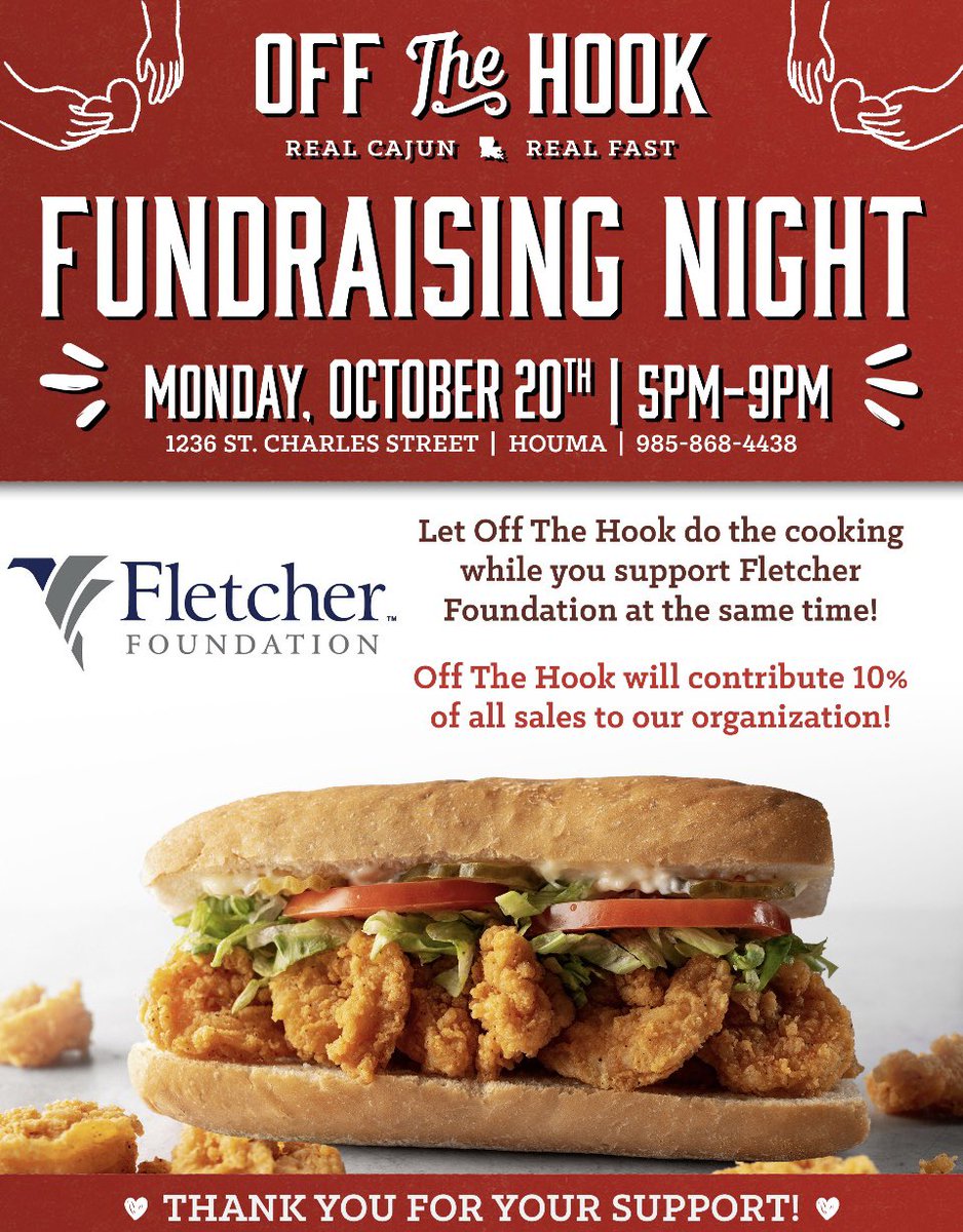 Mark your calendars for the Fletcher Foundation Fundraising Night at Off the Hook on October 20th!