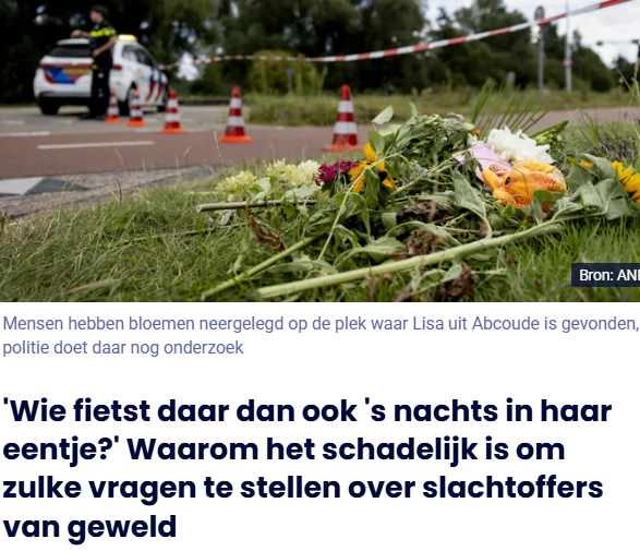 Victim blaming maakt mensen nogmaals slachtoffer eenvandaag.avrotros.nl/artikelen/wie-…

Al loopt iemand 's nachts naakt door een afgelegen park.
Je blijft van mensen af, tenzij ze het zelf willen! #eenvandaag #abcoude