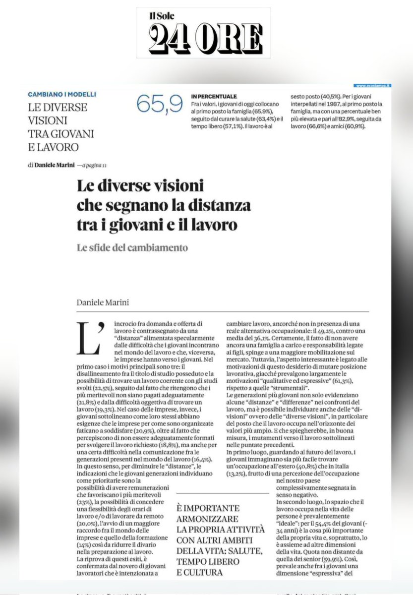 🗞 Sul <a href="/sole24ore/">IlSole24ORE</a>  la terza puntata di una serie di approfondimenti a firma del Prof. Daniele Marini, curatore insieme ad Irene Lovato Menin della nuova indagine sulla popolazione "Monitor on Labor" promossa da #Federmeccanica volta ad analizzare il rapporto tra i #giovani e il