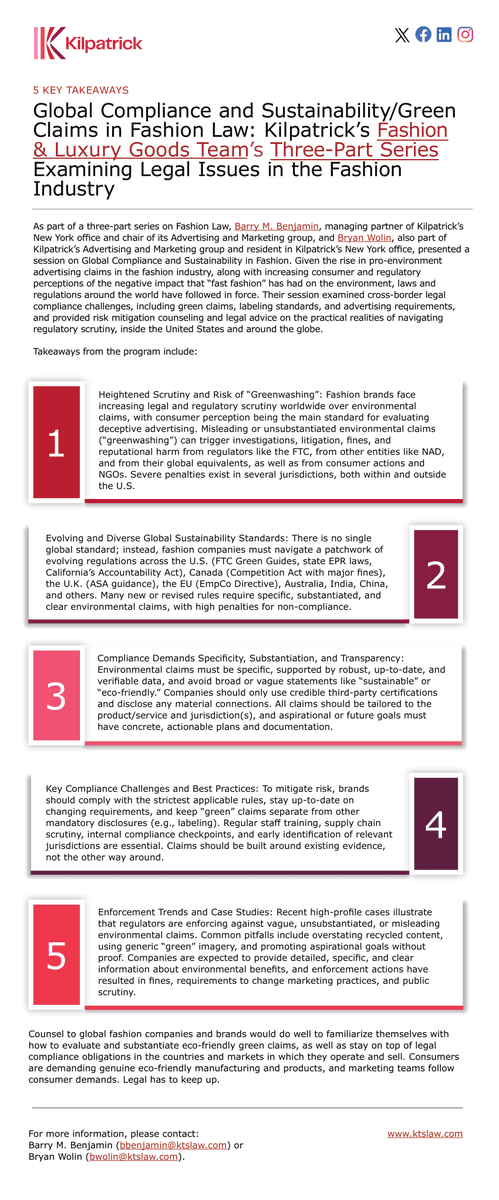 5 Key Takeaways | Global Compliance and Sustainability/Green Claims in Fashion Law: Kilpatrick’s Fashion &amp; Luxury Goods Team’s Three-Part Series Examining Legal Issues in the Fashion Industry

Read more from Barry Benjamin and Bryan Wolin here: ktslaw.com/en/insights/pe…