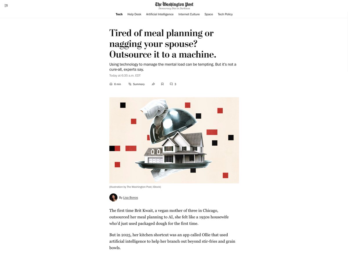blennon_'s tweet photo. We’ve spent the last year building quietly.

No launch, no press—just solving a real problem for real families.

Today, we're honored to see our work featured in The Washington Post as one of the first major stories about the emerging Family AI category.

While there are countless ways Family AI is going to transform the work we do in the home, we decided to start by solving for what is perhaps THE top question that has plagued families for centuries: “So, what’s for dinner?”

Grateful this story is finally being told and for the support of our investors @vkhosla @khoslaventures @ai2incubator

Link is in the comments.