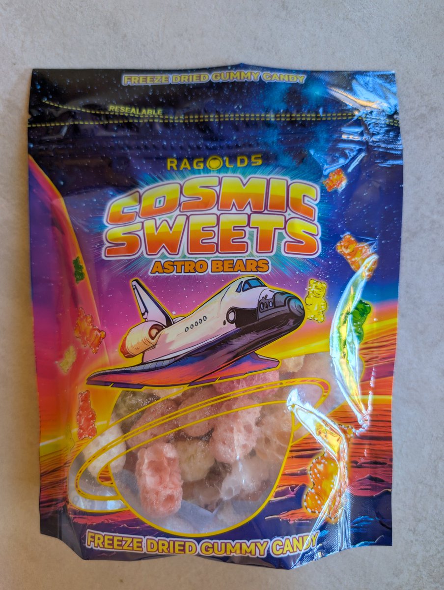 Found this (well my kids found it) in a German supermarket, freeze dried gummy bears. Funny to see that the Space Shuttle is still used everywhere to illustrate something related to space, while the last flight was already 14 years ago.