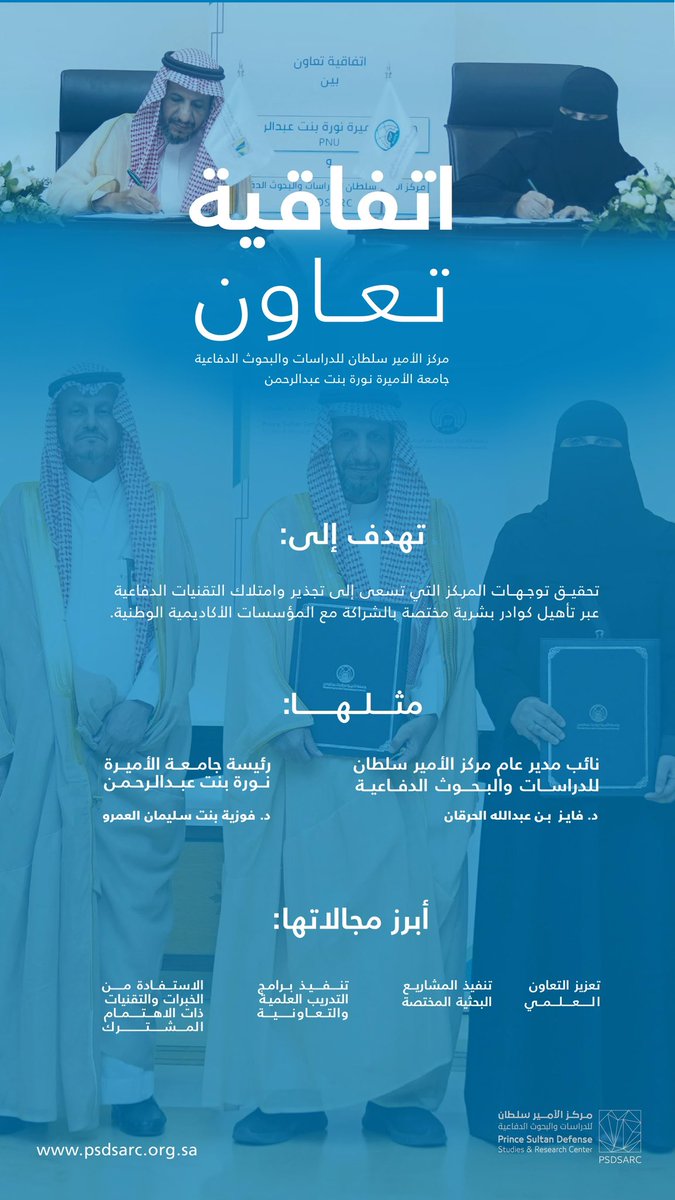 PSDSARC's tweet image. #مركز_الأمير_سلطان_للدراسات_والبحوث_الدفاعية يوقع مذكرة تعاون مشترك مع @_PNU_KSA لتعزيز وتطوير العمل المشترك مع المؤسسات الأكاديمية الوطنية، لتنمية القدرات البشرية في قطاع التطوير الدفاعي.

#PSDSARC