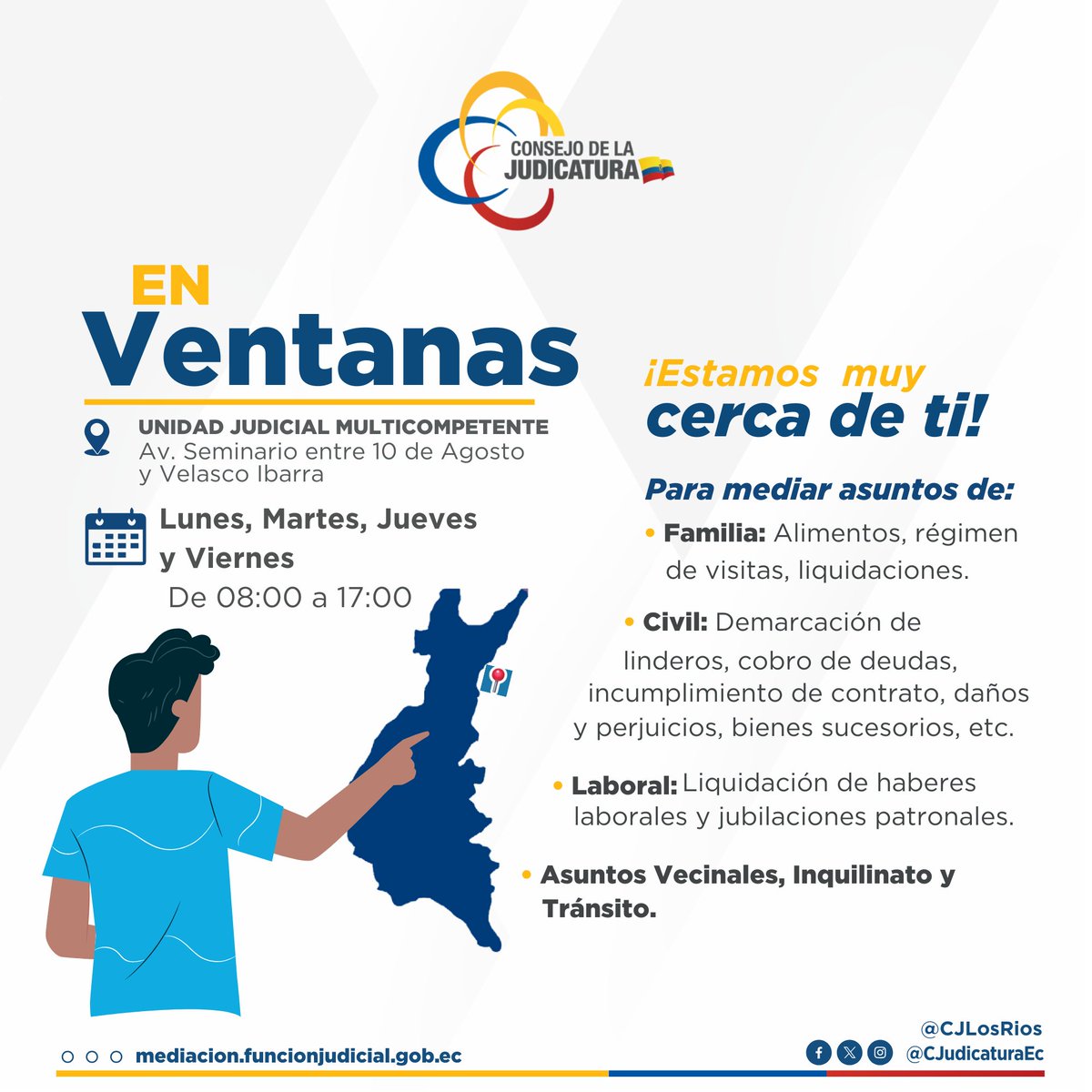 📣 ¡La #Mediación es una forma económica, rápida y segura para resolver conflictos legales! 

En 📍#Ventanas contamos con una oficina del <a href="/MediacionCJ/">Centro de Mediación de la Función Judicial</a> a tu servicio.