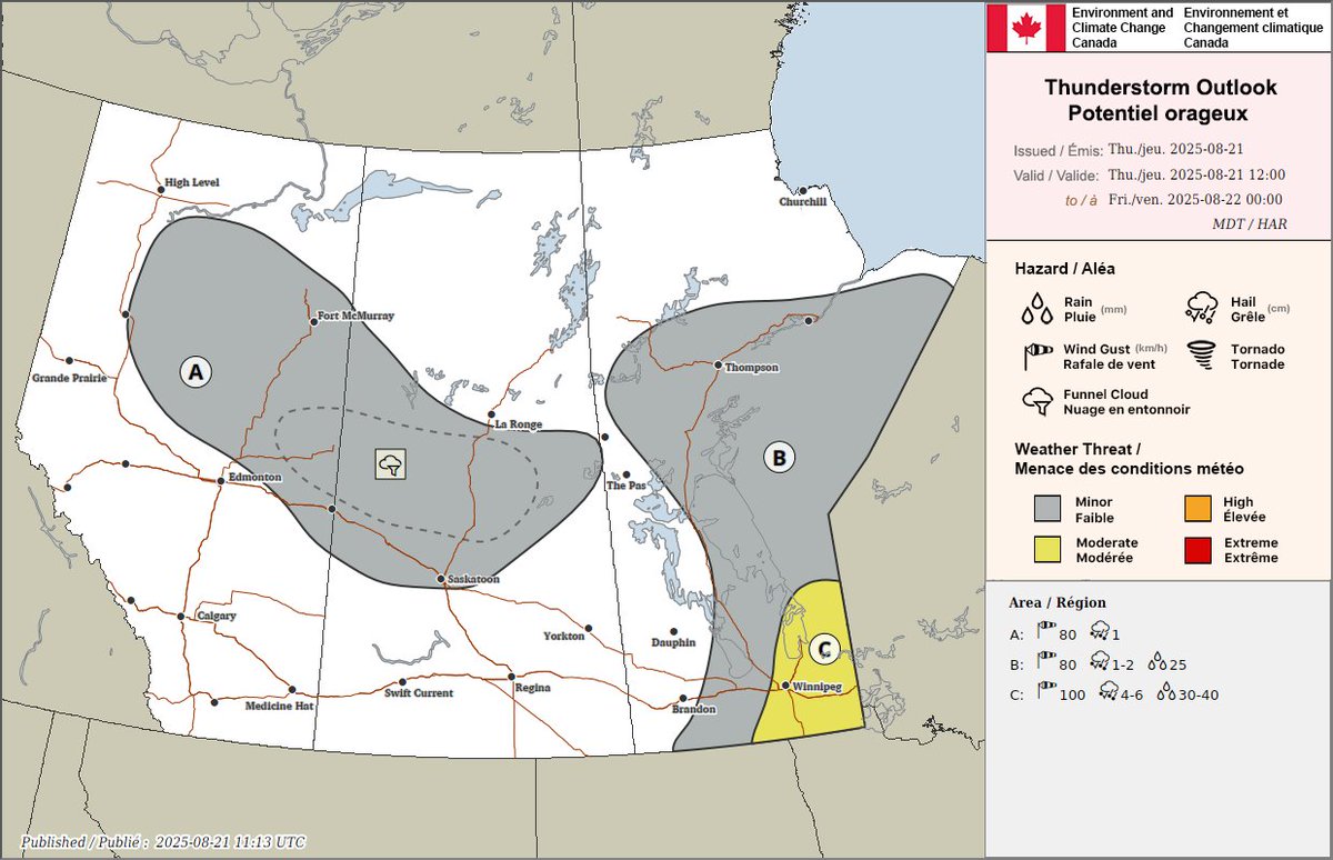 ECCCWeatherMB's tweet image. The cold front across the W (map) will act as trigger for this afternoon’s storms in the Red River Valley and SE. However, the risk for severe is conditional on cloud cover clearing. If storms do start, they will bring strong wind gusts, large hail, and more downpours! #MBstorm