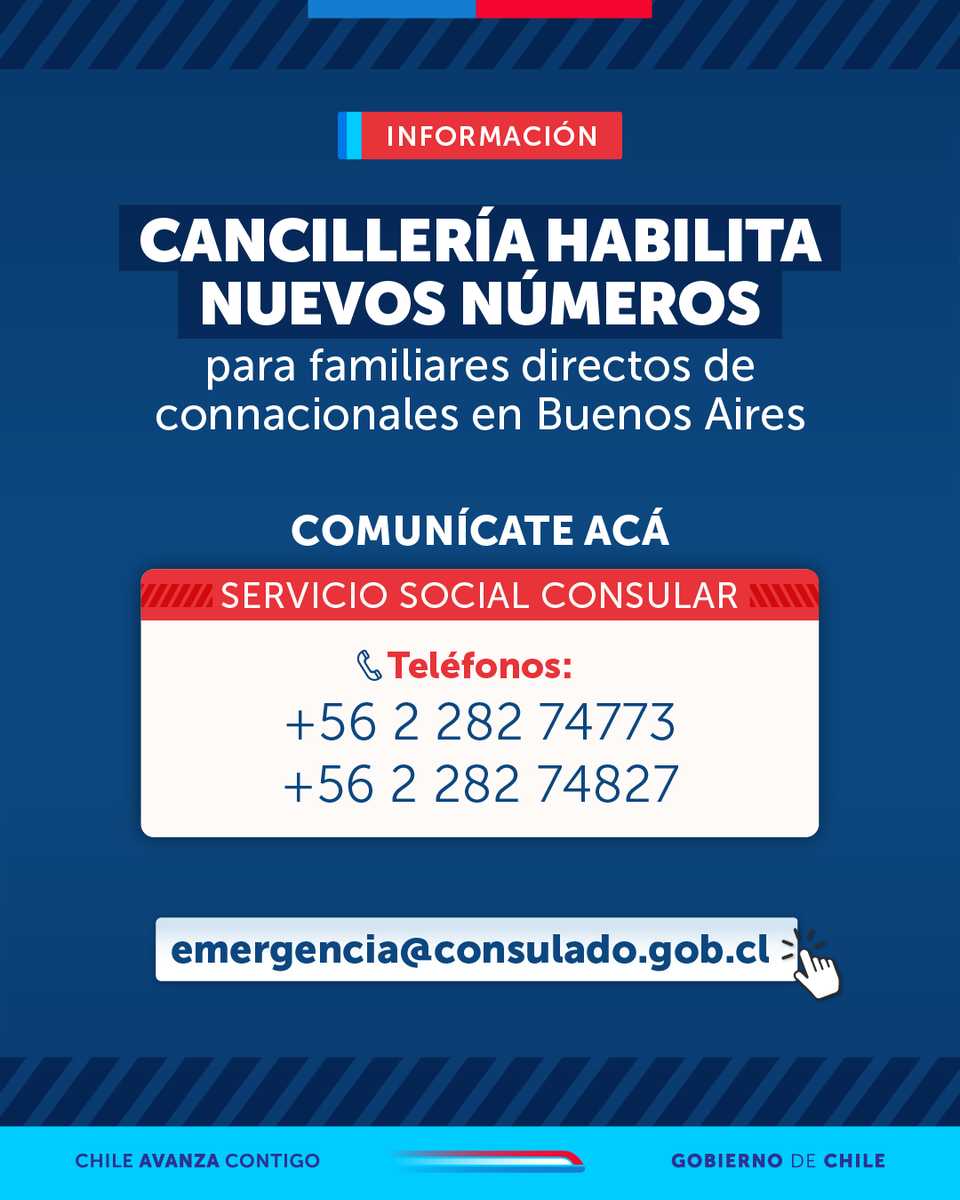 📞 NUEVOS NÚMEROS HABILITADOS | Tras el partido de U. de Chile e Independiente, Cancillería dispuso nuevas líneas telefónicas de emergencia consular, para brindar orientación y asistencia a familiares que se encuentren en Chile de connacionales que asistieron al encuentro.