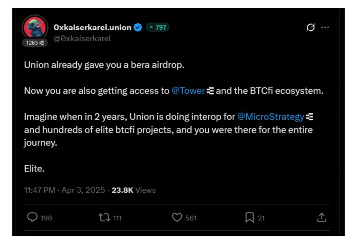 DeCHO🧘🏿⚔️ (@ixdecho) on Twitter photo zkgm CT 🌐
Back in April, Karel ( Union founder ) already dropped the alpha: BTC-fi and TOWER access = future benefits.
That’s a clear signal by adding liquidity and staying active, the community positions itself for some real rewards ahead.
<a href="/union_build/">Union</a> keeps building zkgm CT 🌐
Back in April, Karel ( Union founder ) already dropped the alpha: BTC-fi and TOWER access = future benefits.
That’s a clear signal by adding liquidity and staying active, the community positions itself for some real rewards ahead.
<a href="/union_build/">Union</a> keeps building