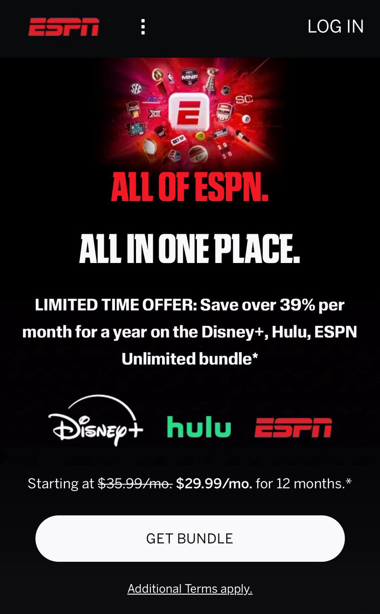 We are live! For the first time in ESPN’s 45-year history, all of our networks and services are available direct to consumer. 

Fans can subscribe now via the limited time offer of $29.99/month to also receive Hulu and Disney+ for 12 months…