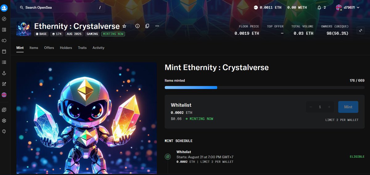 CryptoNews678's tweet image. Mint gấp kìa anh em. Giá 0.0002 $ETH mạng base.

Có khi lại ngon, kèo gần như free đến từ @Ethernity_xyz 

#Ethernity

Link: opensea.io/collection/eth…

Gấp, sắp hết rồi. Tổng có 699 NFT