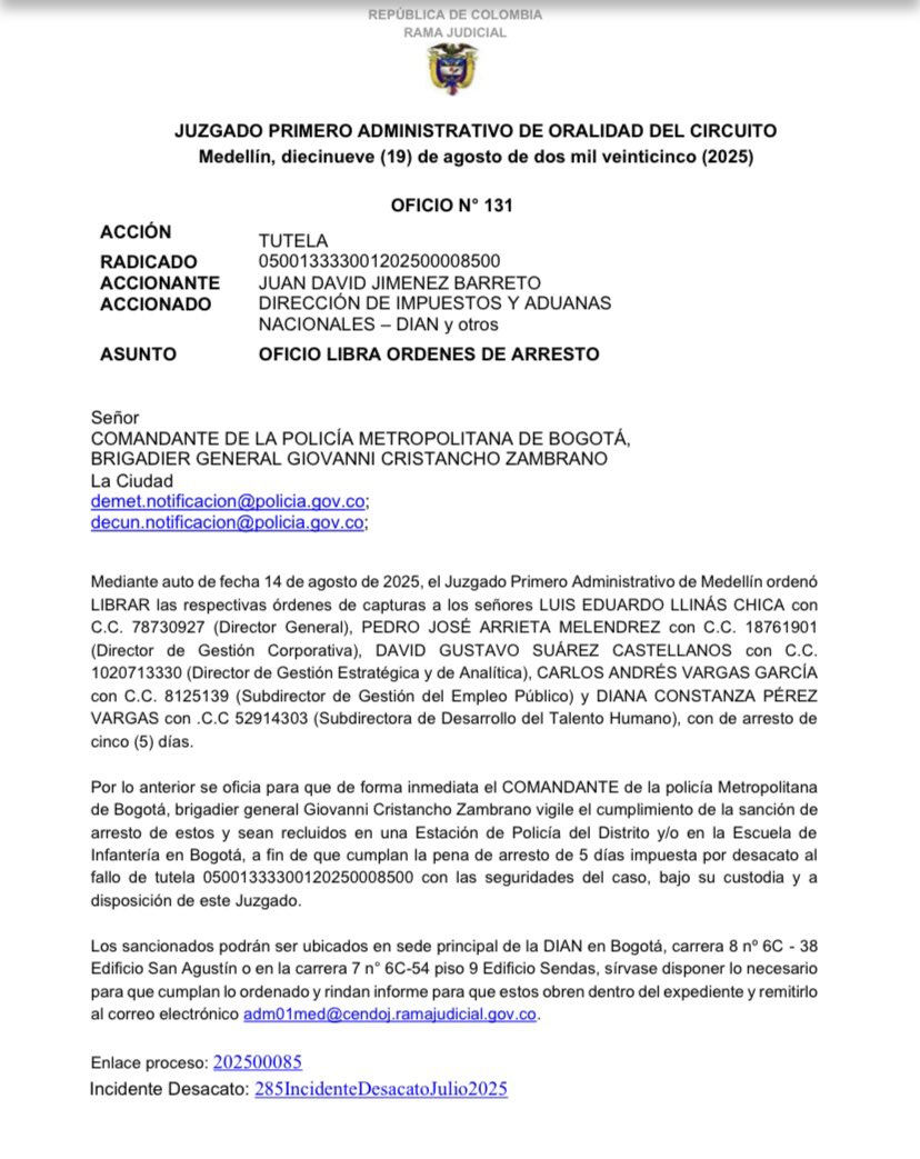 1JuanDavid23's tweet photo. Es 21 de Agosto y aún no cumplen la orden judicial del 9 de Junio, ni siquiera porque tienen orden de captura. @DIANColombia @petrogustavo 
Sres ¿por qué burlan la justicia? 
El mérito es un principio constitucional y está por encima de cualquier situación administrativa. https://t.co/hOIWHUXe0P