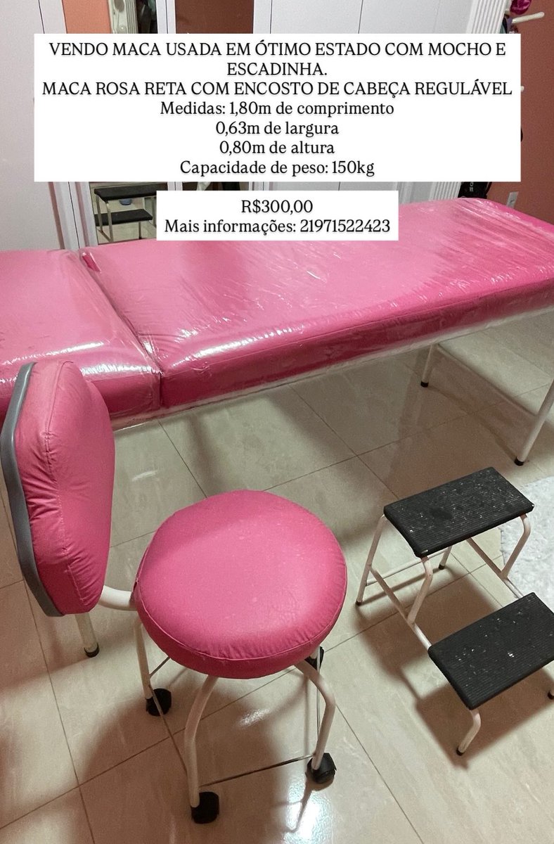 NathalyaCast16's tweet photo. VENDO MACA USADA EM ÓTIMO ESTADO COM MOCHO E ESCADINHA. 
MACA ROSA RETA COM ENCOSTO DE CABEÇA REGULÁVEL
Medidas: 1,80m de comprimento 
0,63m de largura
0,80m de altura
Capacidade de peso: 150kg

R$300,00
Mais informações: 21971522423 https://t.co/lnYQ1AoauD
