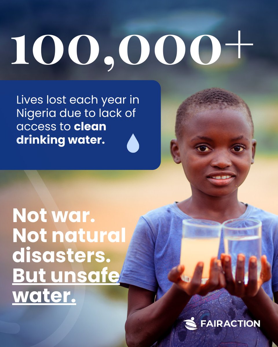 Over 100,000 lives are lost every year in Nigeria, not from war or disasters, but from something preventable like unsafe water. 🚰

Together, we can change this.:💧fairaction.ngo

#FairAction #WaterIsLife #CleanWater #WaterForAll