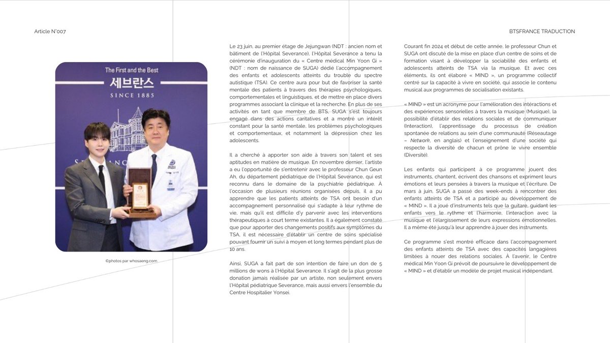 BTSFRANCE_'s tweet photo. TRADUCTION | Presse • BTS France

Notre équipe vous propose la lecture de la traduction de l'article : 《 l'hôpital Severance et SUGA créent un centre médical spécialisé afin de soutenir le traitement et l'indépendance sociale des patients atteints du trouble du spectre autistique 》de Yoon Byeong-gi 📰

Bonne lecture 🤓

Article original : https://t.co/1aGPAcFRAB
Reportage de l'Hôpital Severance : https://t.co/5hV9kpWSn2

#BTS @BTS_twt #SUGA