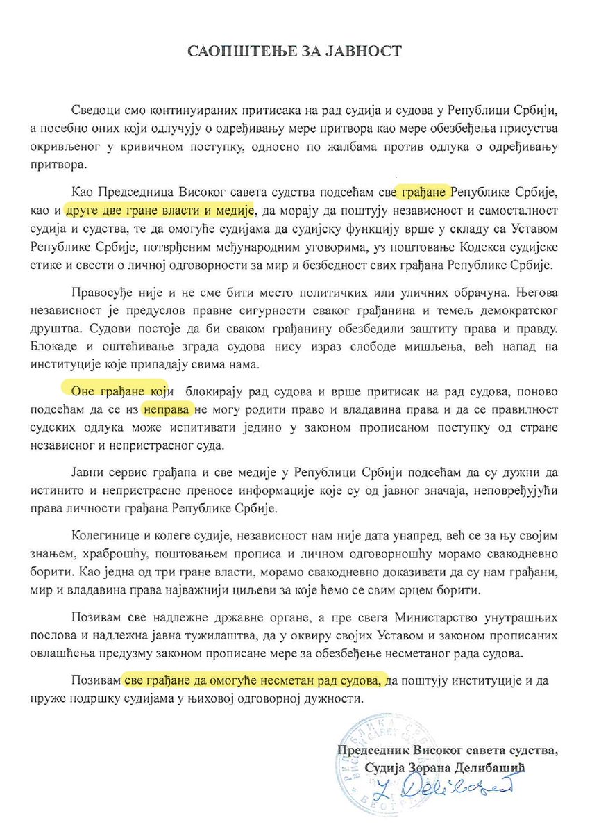 Visoki savet sudstva pronađen živ. 

Iz današnjeg saopštenja možemo da zaključimo da su im od dugogodišnjeg uticaja <a href="/sns_srbija/">СНС СРБИЈА</a> veći problem pobunjeni građani i građanke.

I da, nije „nepravo" nego građanska neposlušnost.

#Pustiteihsve
