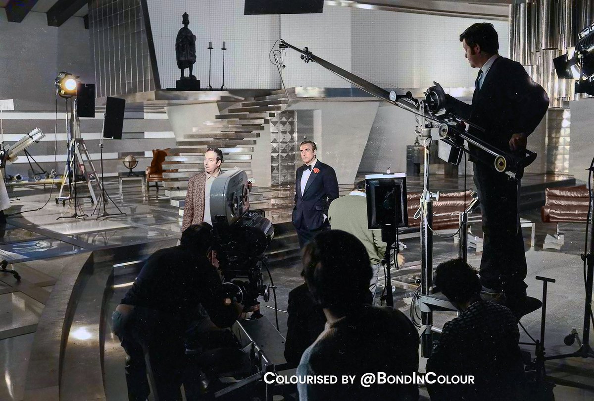 BondinColour's tweet image. Director Guy Hamilton and Sean Connery on Willard Whytes office (or is it Blofelds?) set filming Diamonds are Forever. #jamesbond #seanconnery   #diamondsareforever  #colourised