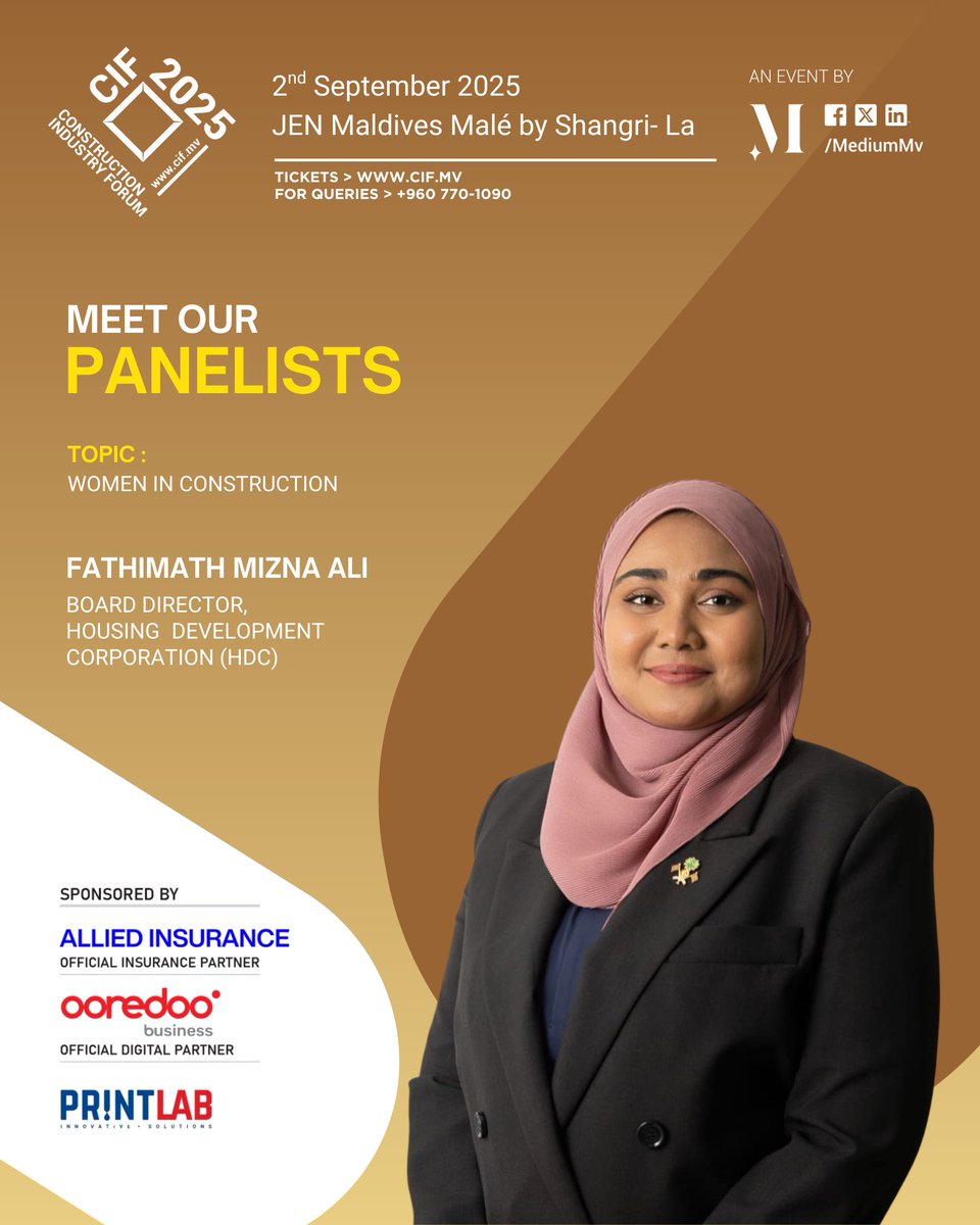 Construction Industry Forum - CIF (@cifmaldives) on Twitter photo Introducing our Panelists for the
Construction Industry Forum 2025 :
- Ms Fathimath Mizna Ali, Board Director, Housing
Development Corporation.
<a href="/hdcmaldives/">Housing Development Corporation</a>
Topic: Women in Construction
#construction #industry #forum Introducing our Panelists for the
Construction Industry Forum 2025 :
- Ms Fathimath Mizna Ali, Board Director, Housing
Development Corporation.
<a href="/hdcmaldives/">Housing Development Corporation</a>
Topic: Women in Construction
#construction #industry #forum