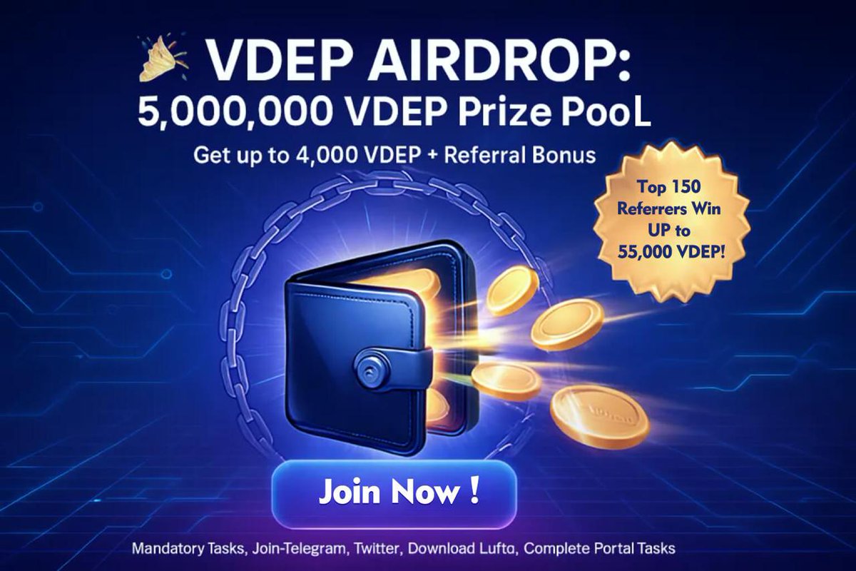 🔍   VDEP #Airdrop (New Round)

🏆  Airdrop Pool: 5 Million VDEP

🔴  Start the airdrop bot: t.me/VDEPAirdropBot

🔘 Do the tasks on the bot &amp; submit your data.

🔘 Details: t.me/AirdropDetecti…

#Airdrops #Bitcoin #VDEP #USDT #AirdropDetective