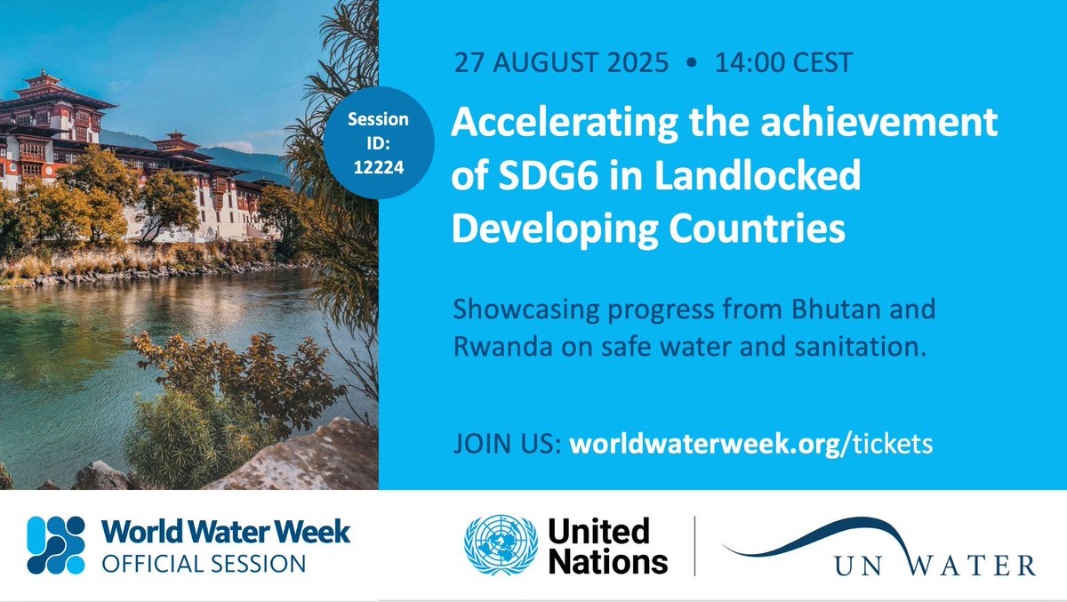 UN_Water's tweet image. 🚰 On 27 Aug at #WWWeek in Stockholm, join UN-Water’s session on accelerating #SDG6 in landlocked developing countries.
Hear from Bhutan &amp;amp; Rwanda on policies &amp;amp; practices driving progress on water, sanitation &amp;amp; resilience.

🕒 14:00–15:30 CEST
🔗  buff.ly/c4JDJa7