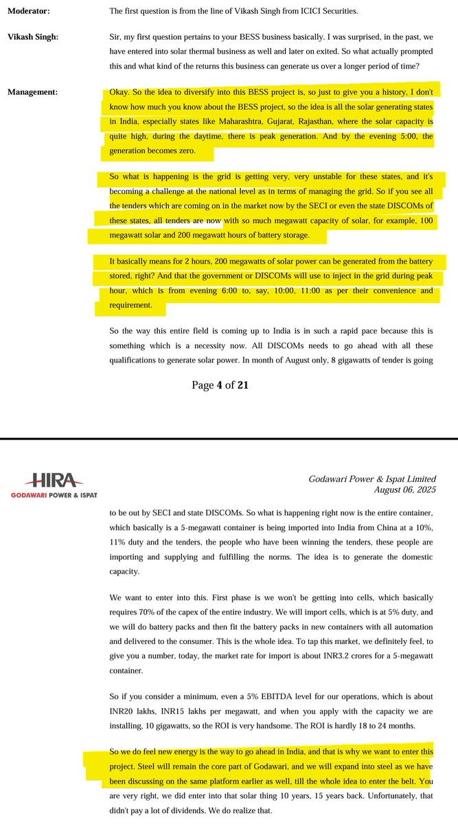 BESS 🎯🎯

MEGA MEGA THEME 🔥 ✨️

BESS is at a stage where  Solar was 5-10 years ago in India.. 

Goverment policy will also come in support - Once capacities are build - Just like Solar  

Read this concall  and you will understand it yourself 
 👇👇