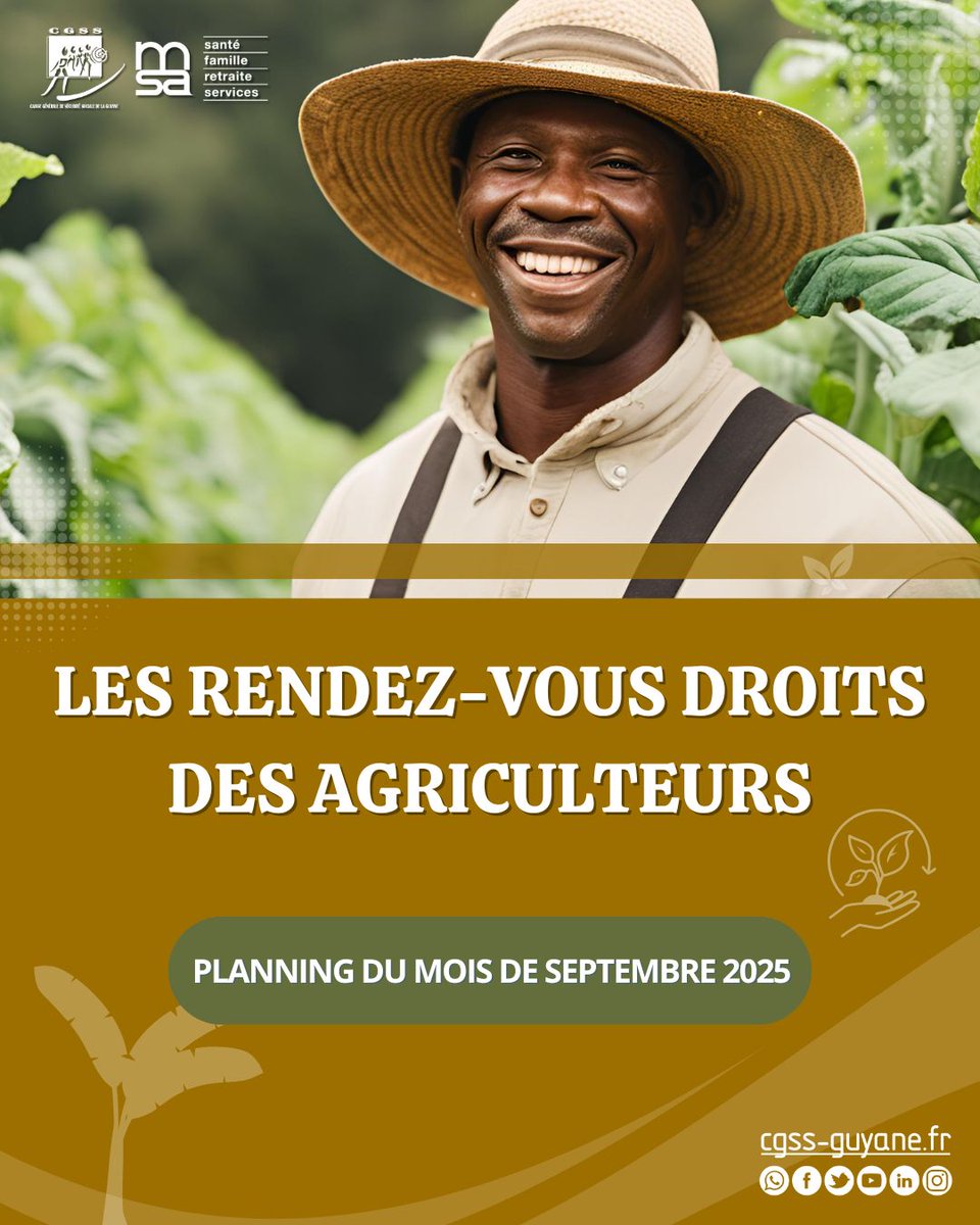[PERMANENCES #MSA] Du 15 au 26 septembre 2025, le conseiller de protection sociale MSA part à la rencontre des #agriculteursguyanais dans le cadre de rendez-vous droits  

Découvrez les #communes et horaires de passages👉 urlr.me/XV4hJT

#LaSécuEstLà