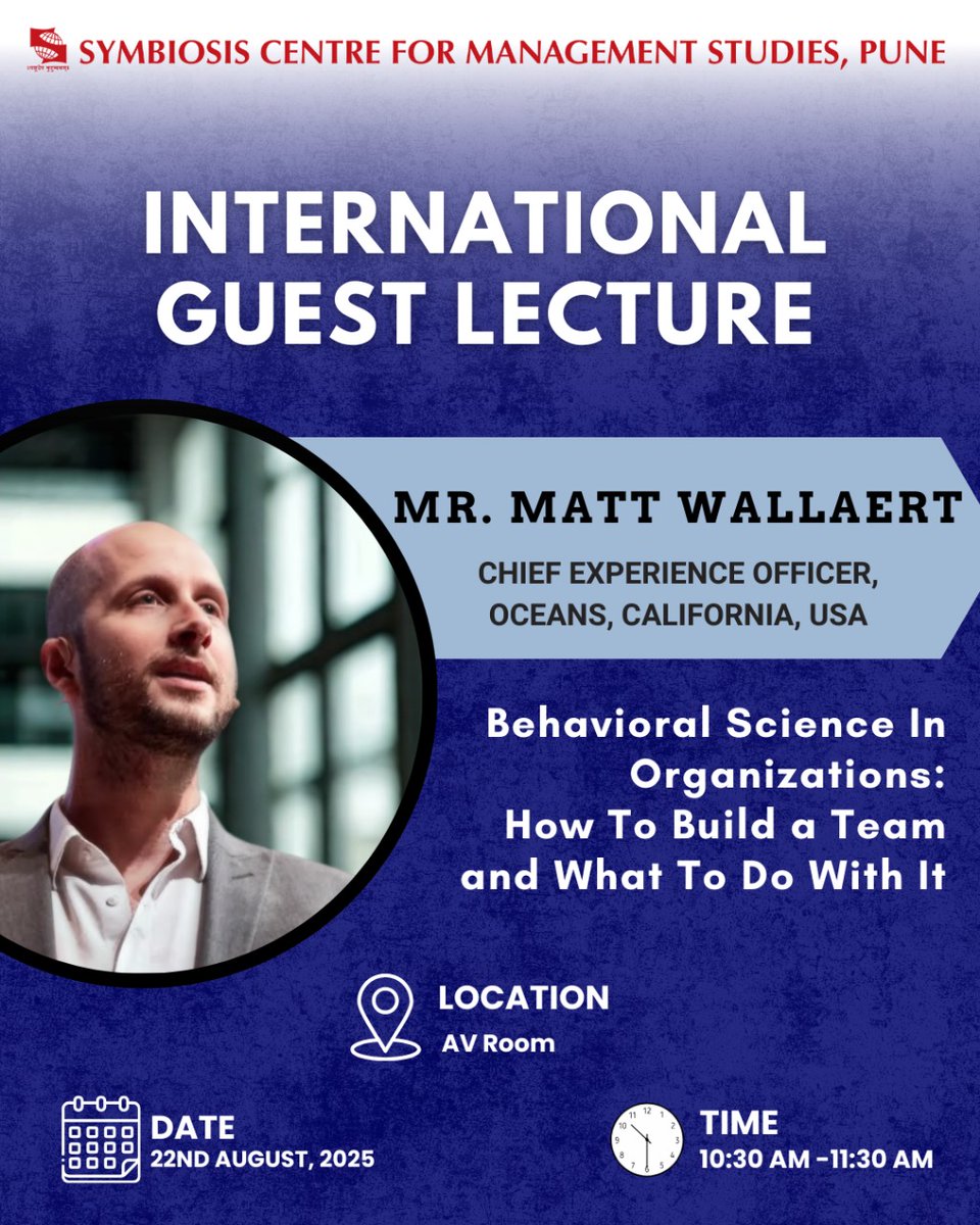 SCMSPune's tweet image. Behavioral Science Meets Management!
SCMS, Pune presents an International Guest Lecture by Mr. Matt Wallaert, Chief Experience Officer at Oceans 
Topic: How to Build a Team and What to Do With It
#scmspune #guestlecture #internationallearning #behavioralscience #teamwork