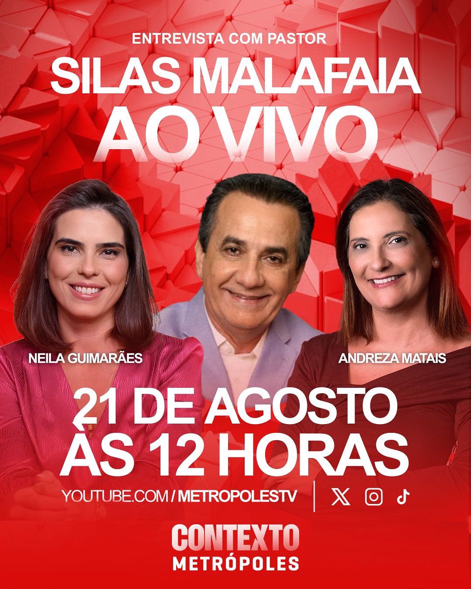 Imperdível! Hoje, dia 21, às 12h, vou dar uma entrevista ao vivo para o Metrópoles. Assista em youtube.com/metropolestv